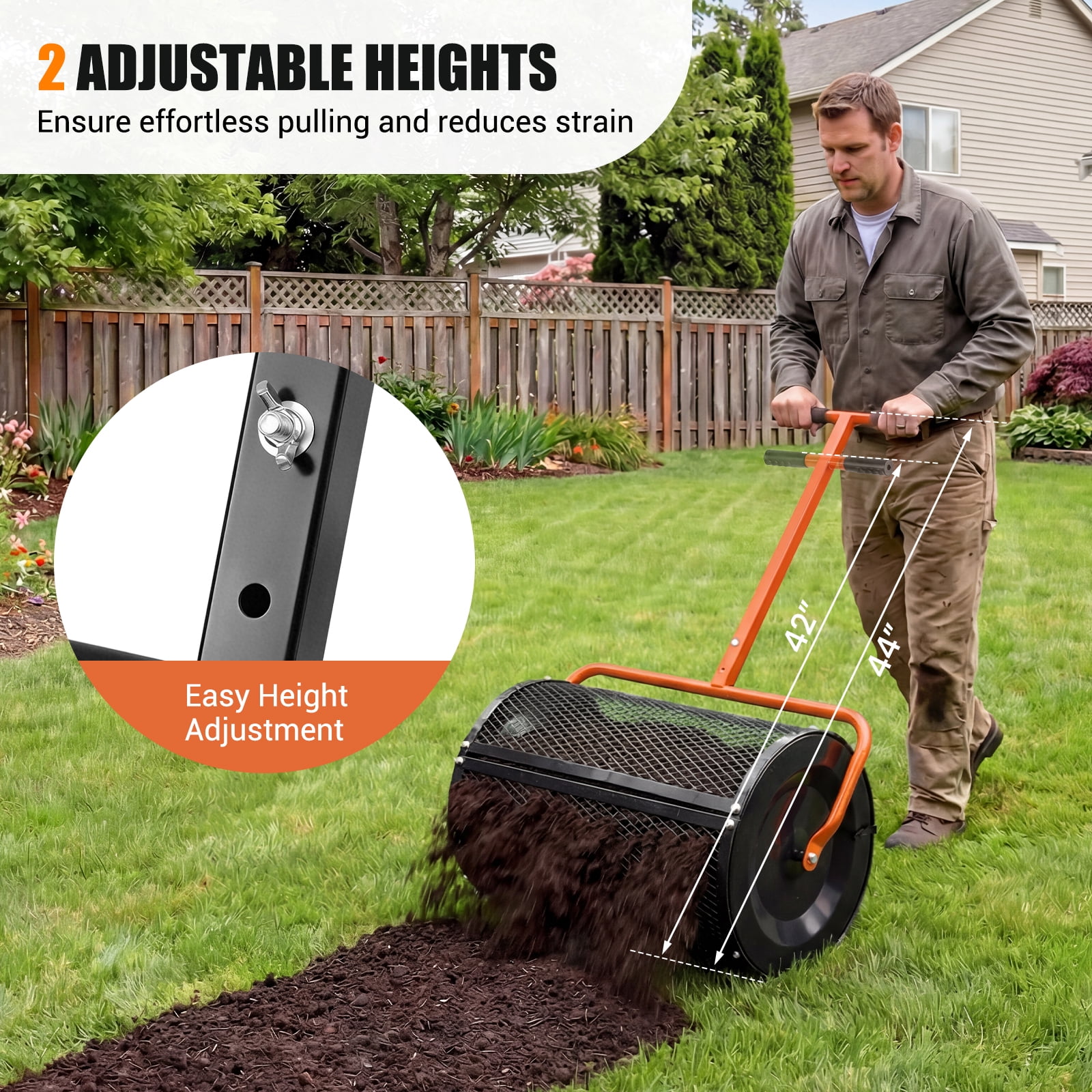Gymax Compost SpreaderPeat Moss Spreader Roller w/Height-adjustable T-shape Handle Orange