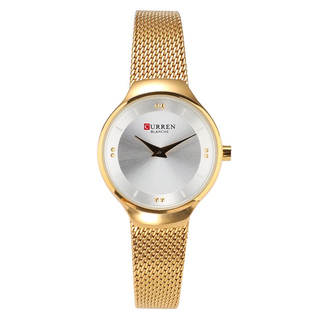 CURREN 9028 Reloj de pulsera de cuarzo de aleación con correa de malla resistente al agua (caja dorada, esfera blanca)