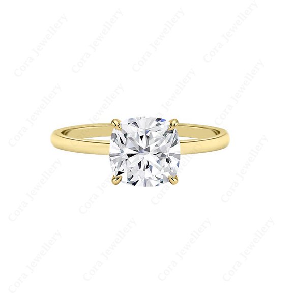 Cora Jewellery 2.5CT Cushion Moissanite Solitaire Engagement Ring For Women, 14K Yellow Gold
