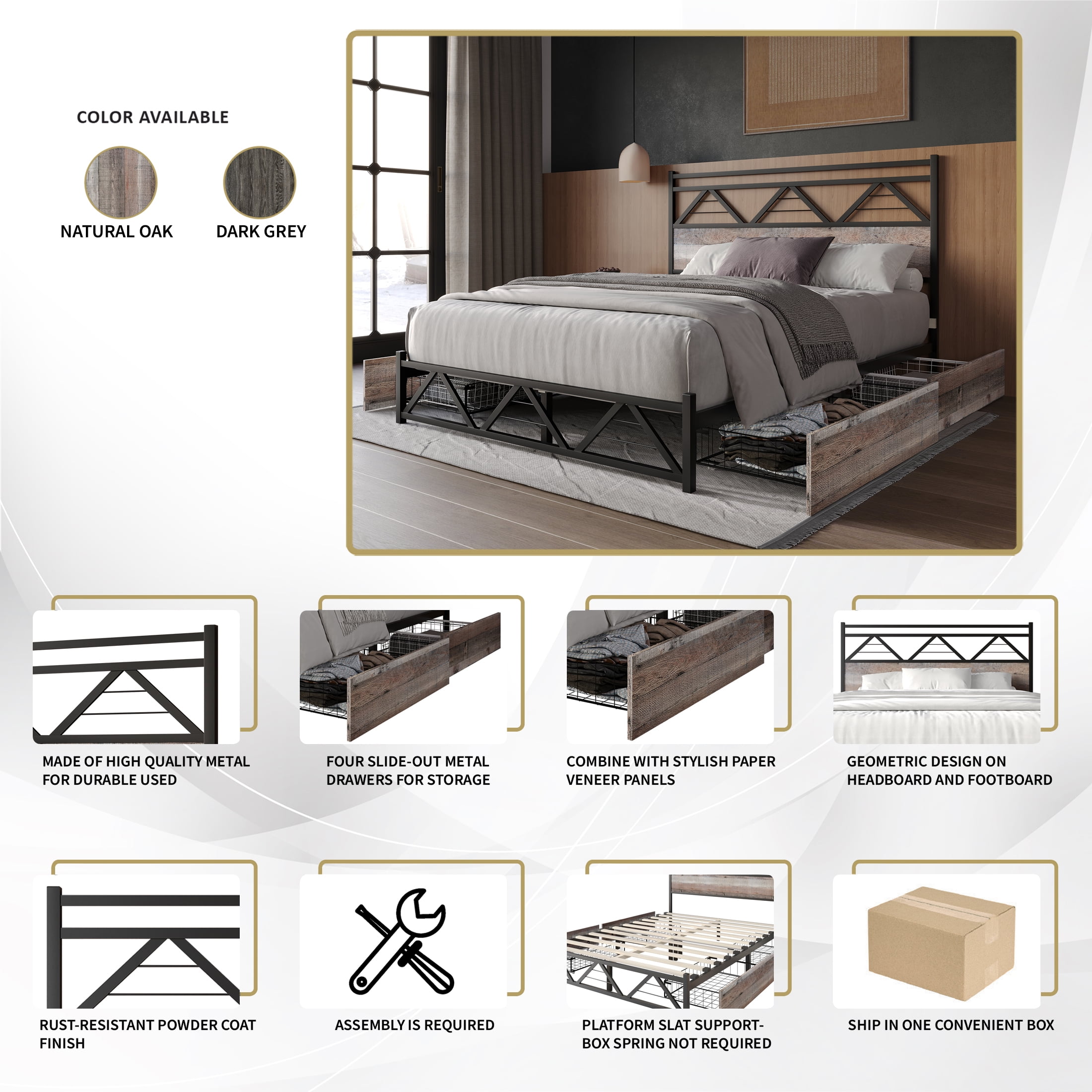 Castle Place Vintage Queen Metal Platform Bed with 4 Storage Drawers, Natural Oak