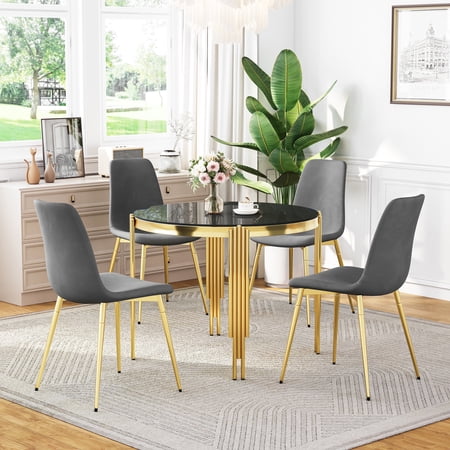 Modern Round Glass Dining Set for 4 Modern Irregular Stainless Steel Legs and Velvet Cushioned Chairs for Kitchens Living Rooms Small Bar