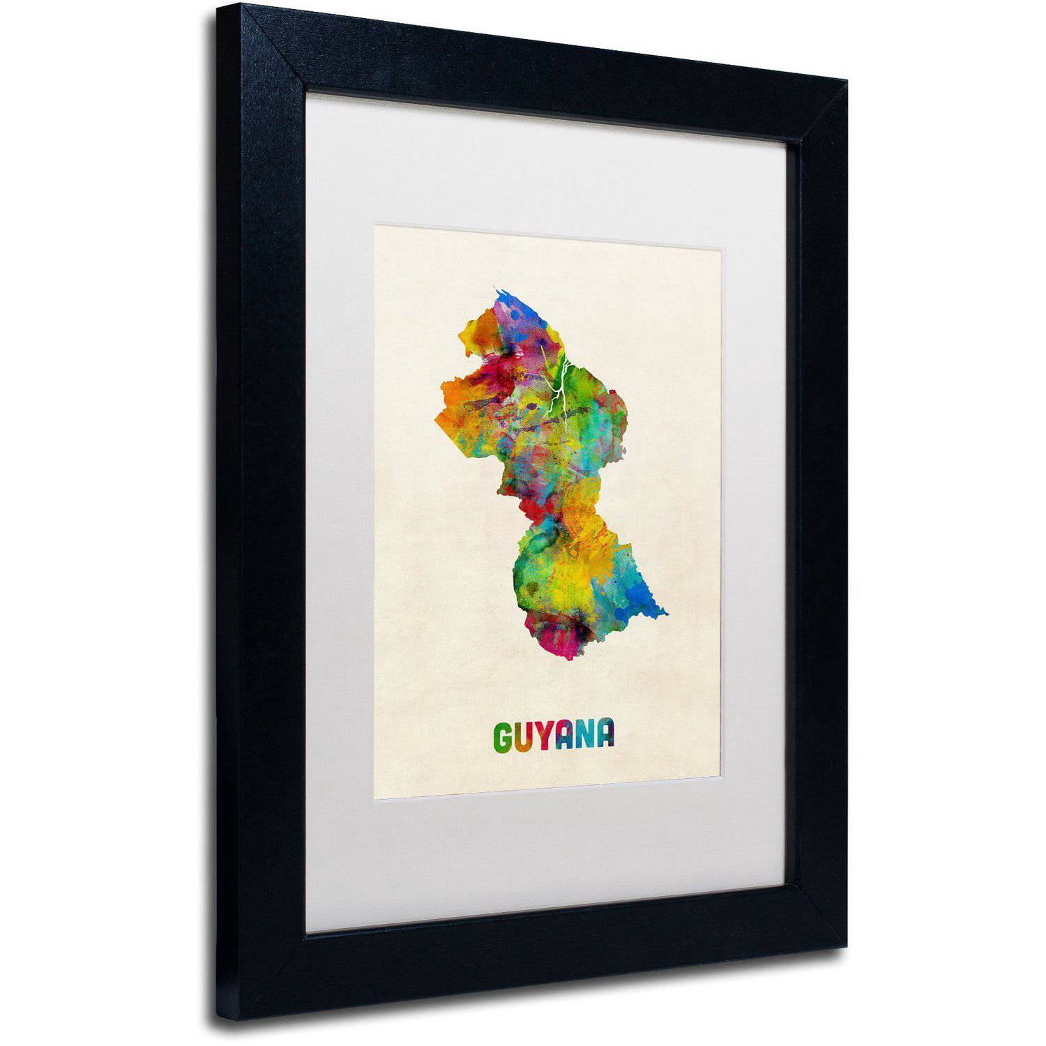 Trademark Fine Art "Guyana Watercolor Map" Canvas Art by Michael Tompsett White Matte, Black Frame