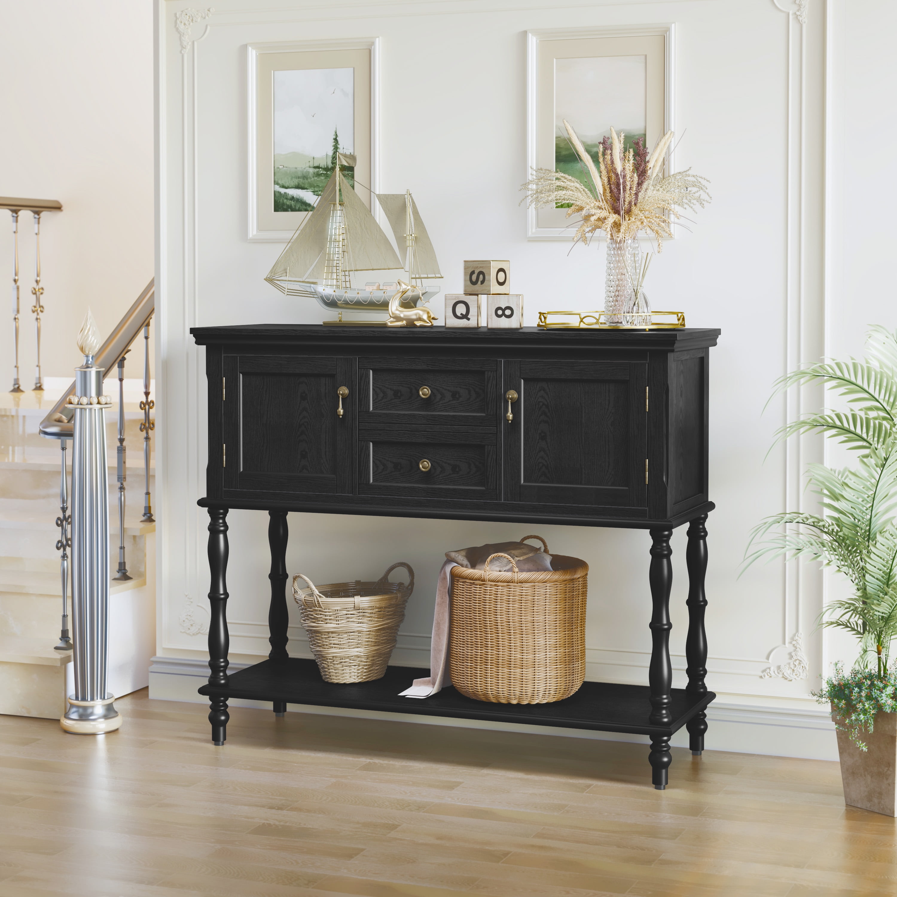 CBJCBJ 42" Farmhouse Console Table , 2 Drawer Narrow Long Entryway Table with Open Storage Shelf , for Living Room, Black