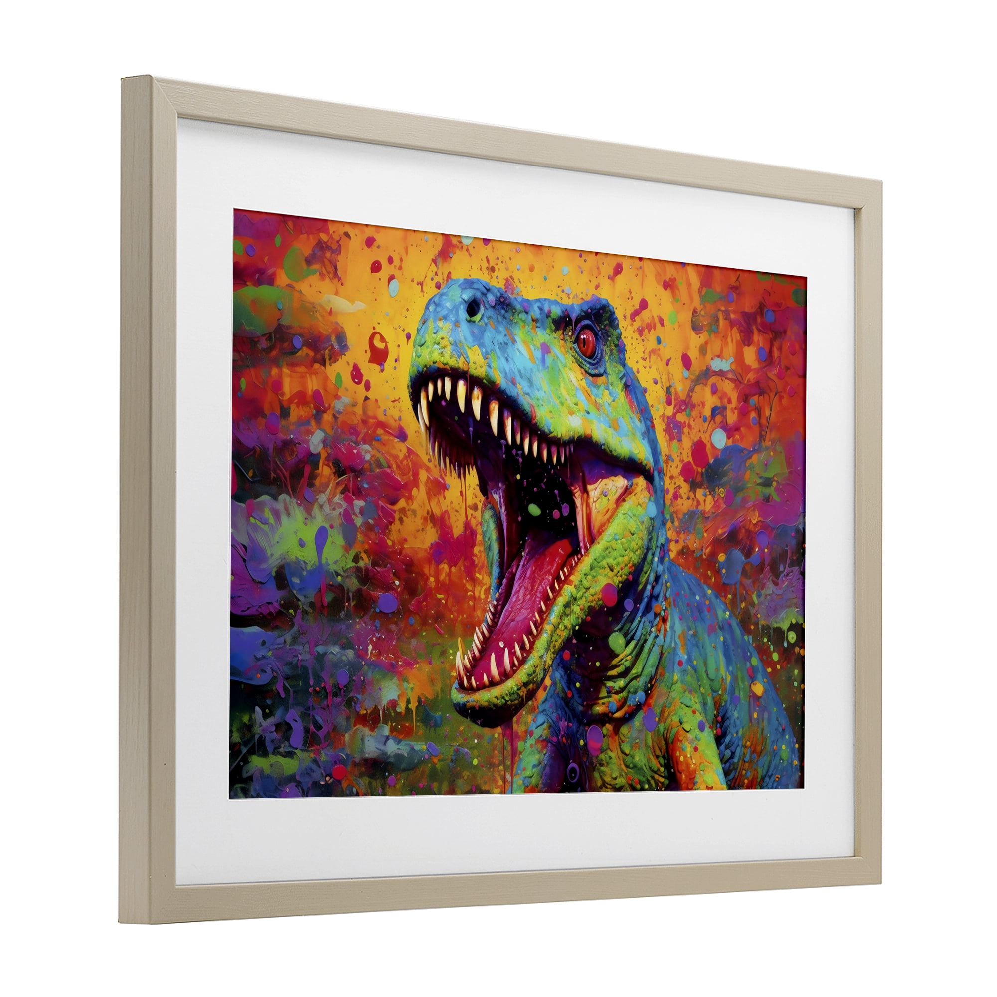 Stupell Industries Colorful T-Rex with Splatter Birch Framed Print Under Glass, design by Creative Studio