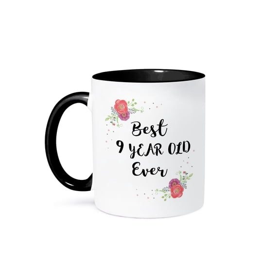 3drose, Floral Best 9 Year Old Ever Pink Flowers Pretty 9th Birthday Girl Gift, 11oz Two-tone Black Mug