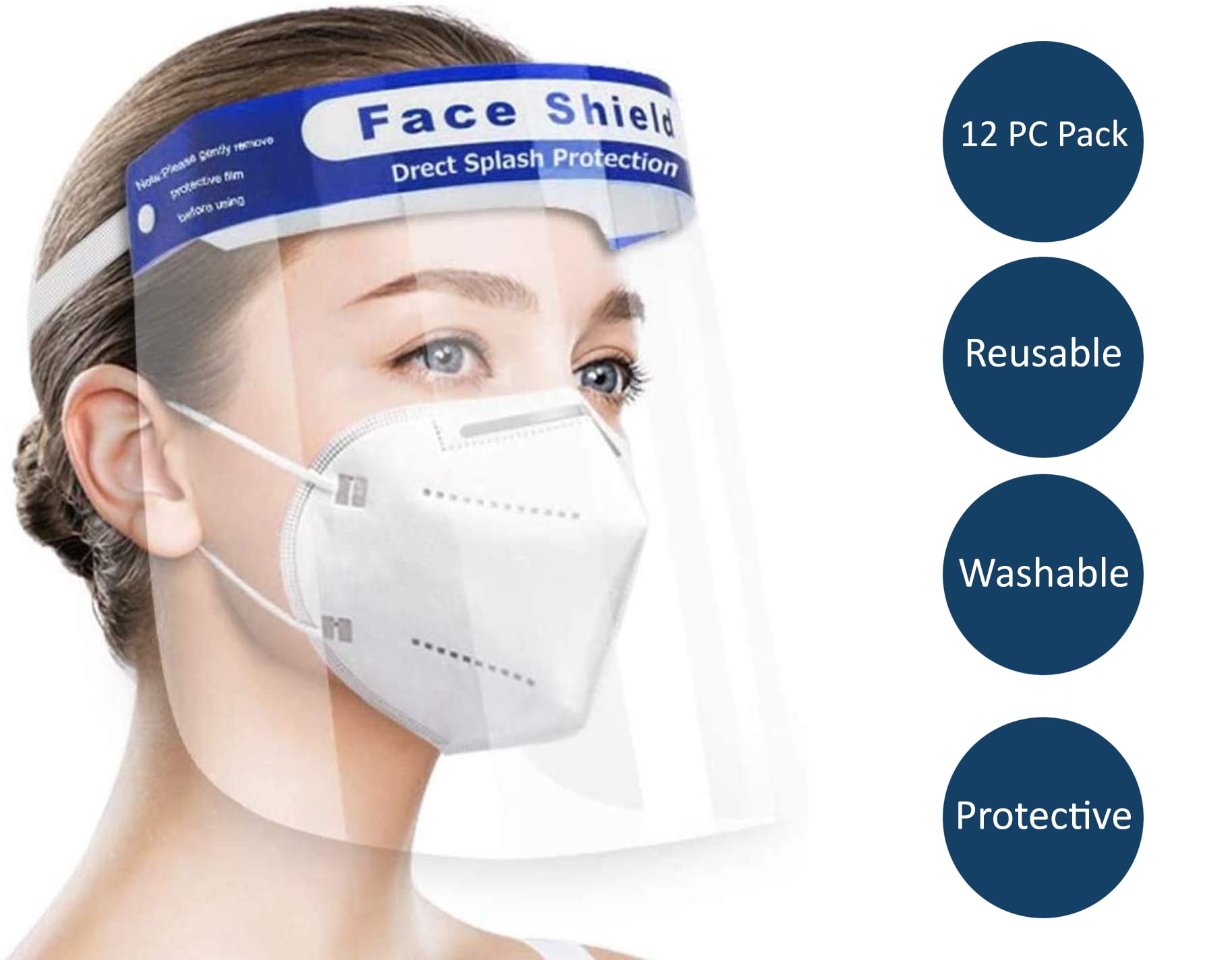 100 Pack Safety Full Face Shield Reusable Clear Washable Face Headband 