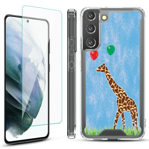 Shockproof Bumper Phone Case for Samsung Galaxy S22  / S22 Plus 5G, with Tempered Glass Screen Protector, by OneToughShield ® - Giraffe/Balloon