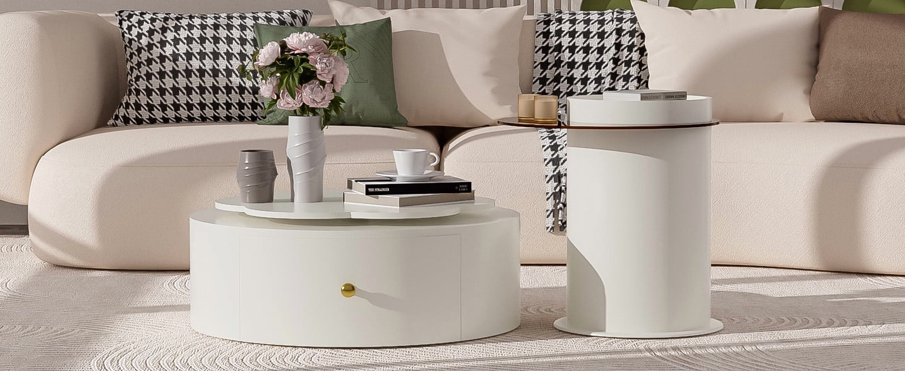 Euroco Rotating Flower-Shaped Coffee Table Set with Glass Side Table & Storage Drawers