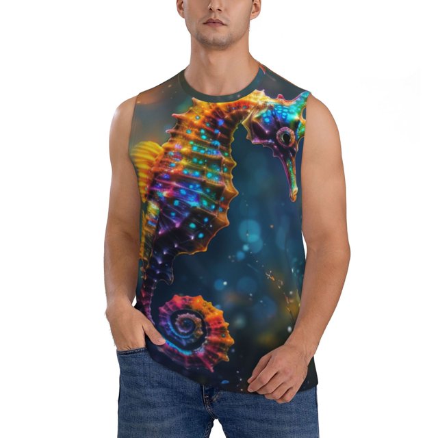 Fotbe Neon Seahorse Underwater Realm Men's Camiseta sin Mangas Estampada para Hombres, Playera Casual para Gimnasio, Entrenamiento, Playa-XX-Large
