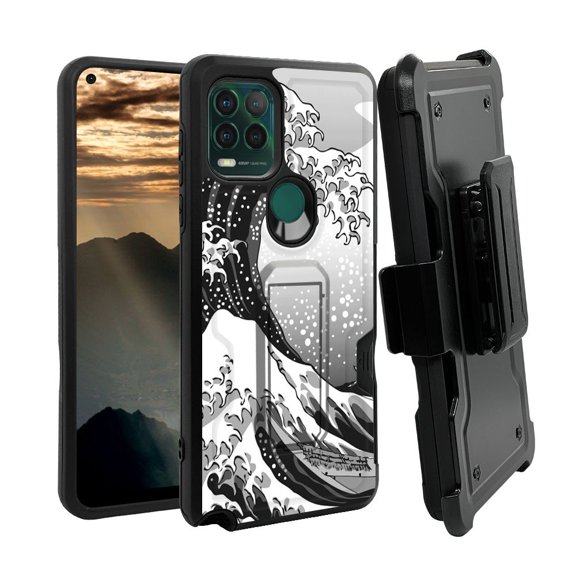 ANJ  Rugged Shockproof Holster Case w/Card Slot, Kickstand   Tempered Glass for Motorola Moto G Stylus 5G - Japanese Waves
