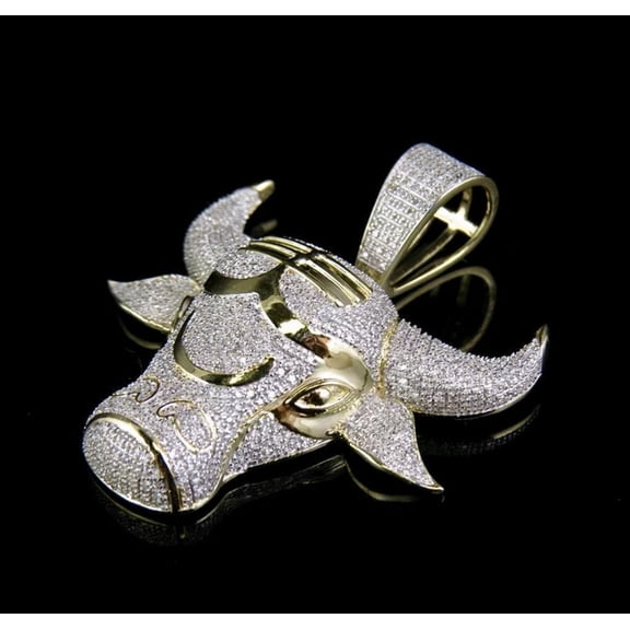 Silver Shop 14K Yellow Gold Finish Silver Round Cut CZ Taurus Bull Charm Pendant