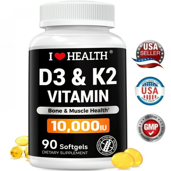 D3 K2 Vitamin 10000 IU - Vitamin K2 200 mcg MK7 - Bone Health & Immune Support Supplement - Gluten-Free, Vitamin D3 K2 Supplement 90 Softgels