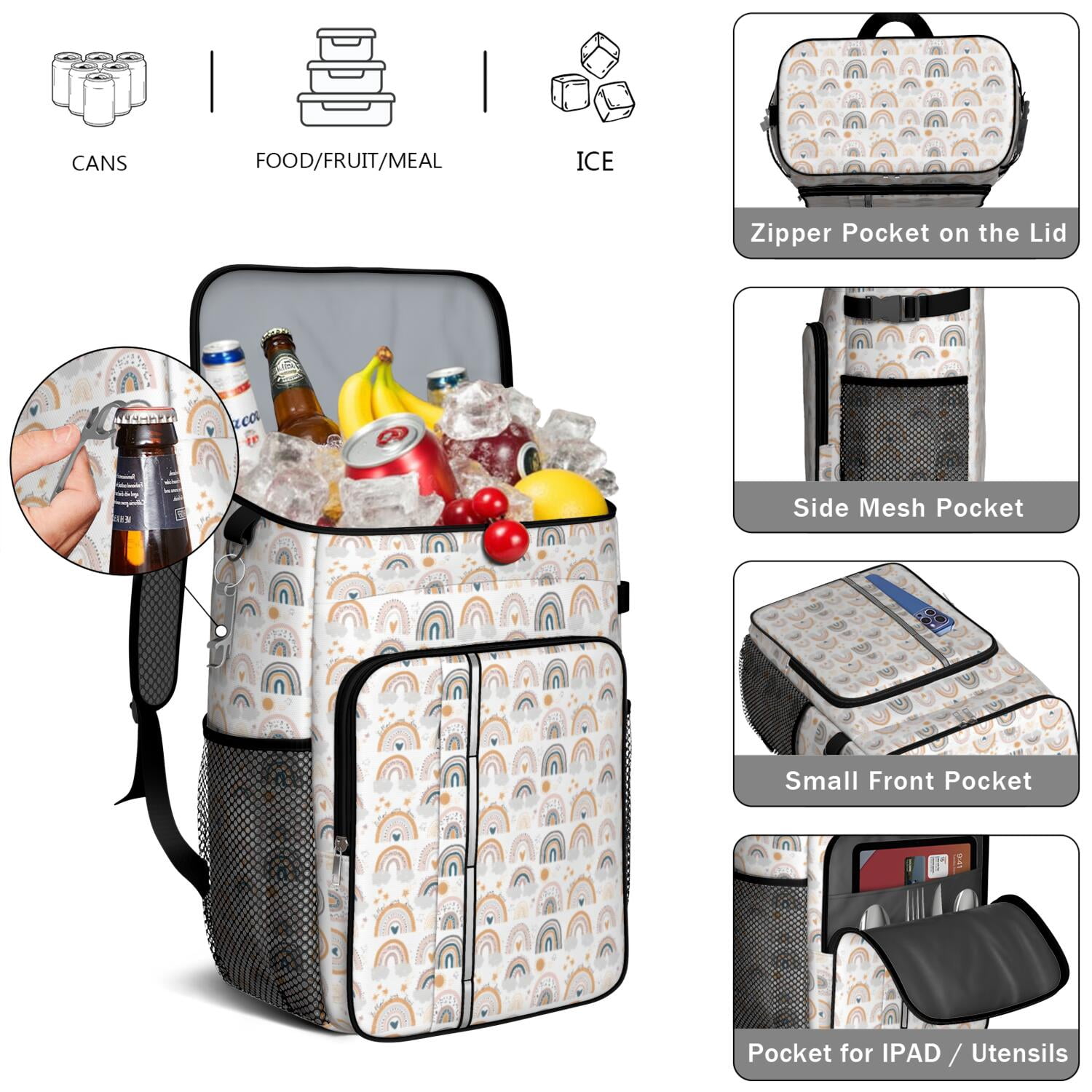 Travel Cooler Bag - Boho Bohemia Rainbow Camping Beer Cooler Backpack with Bottle Opener- Waterproof Insulated Picnic Backpacks - Cooler Bag for Beach