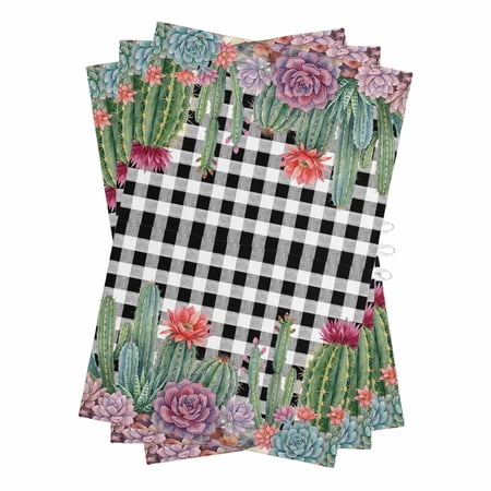 Cactus Tropical Watercolor Kitchen Towels Set of 3 Water Absorbent Dish Towel Black Buffalo Plaid Summer Decorative Hand Towels - Quick Drying Cloth for Cooking Baking 18x28 Inch