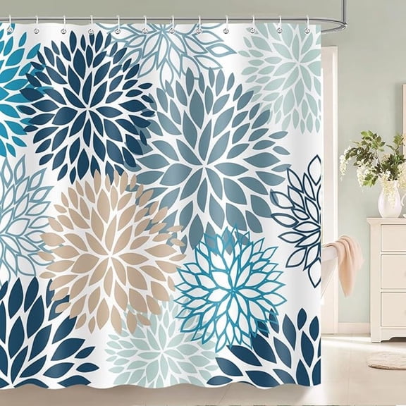 Navy Blue Floral Shower Curtain, Blue Grey Brown Dahlia Flower Print Bathroom Decor Set, Waterproof Polyester Fabric Bath Curtain With Hooks 65"W x 72"L