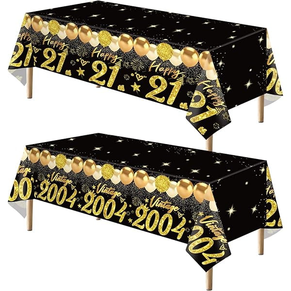 wonima02 2pcs 21st Birthday Tablecloth, Black Gold 21st Birthday Decorations for Him Her Vintage 2004 Table Cloth Plastic Rectangular Table Cover Happy 21 Anniversary Party Supplies