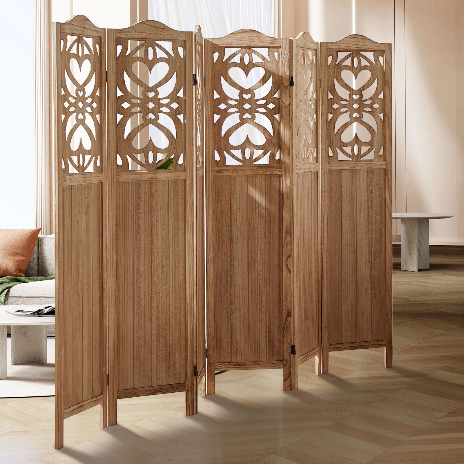 Aletheiawu 6 Panel Wood Carved Room Divider and Folding Screen, No Installation, Light Brown
