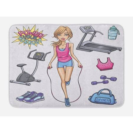 Fitness Bath Mat, Beautiful Young Cartoon Girl Working Out at Gym Bike Treadmill Outfits and Quote, Non-Slip Plush Mat Bathroom Kitchen Laundry Room Decor, 29.5 X 17.5 Inches, Multicolor, (Best Bike For Working Out)
