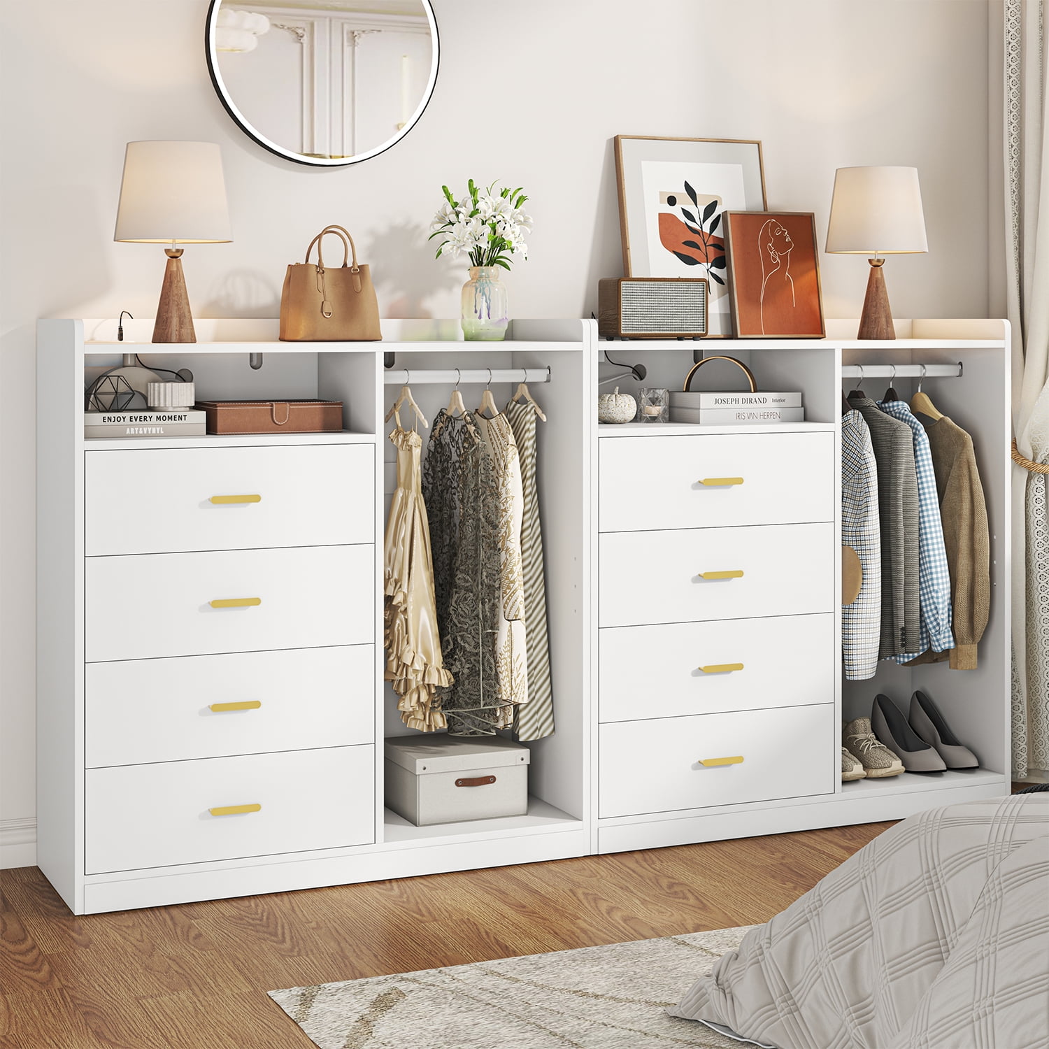 Winkalon 4 Drawer Dresser with Clothing Rack and LED Lights,Modern LED Dresser for Bedroom,White