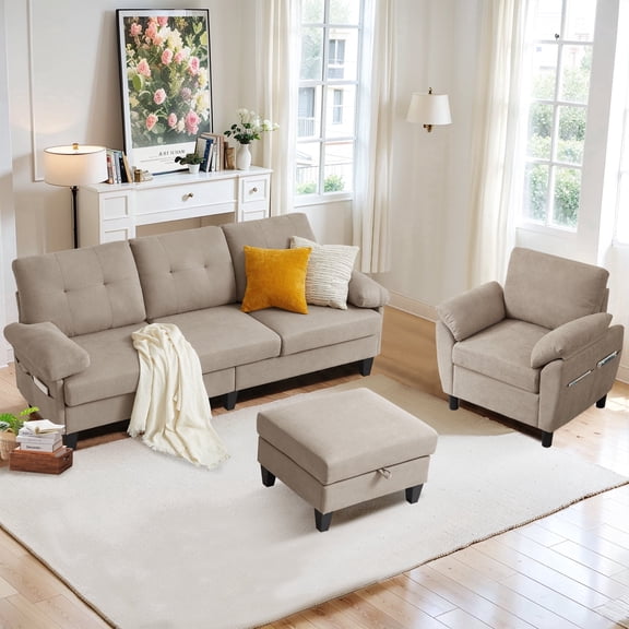 Soscana 2 Piece Sectional Sofa Set, Modern Linen Small L Shaped Couch with Storage Ottoman, 3-Seater Sofa & Armchair for Living Room, Office, Apartment