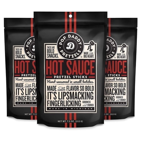 Pop Daddy Flavored Pretzels Sticks, Gourmet Pretzels Snacks, 7.5oz Individual Bags, 3 Pack, Hot Sauce