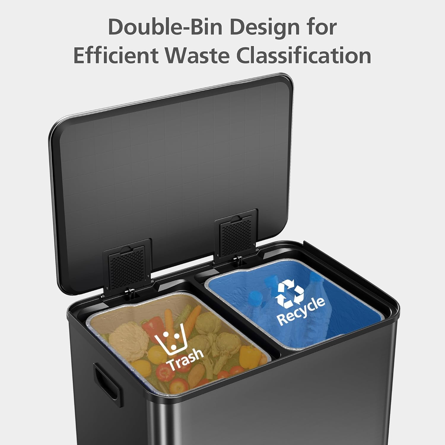 Garvee Stainless Steel 16 Gallon Trash Can, Step-On Dual Trash Bin, Black