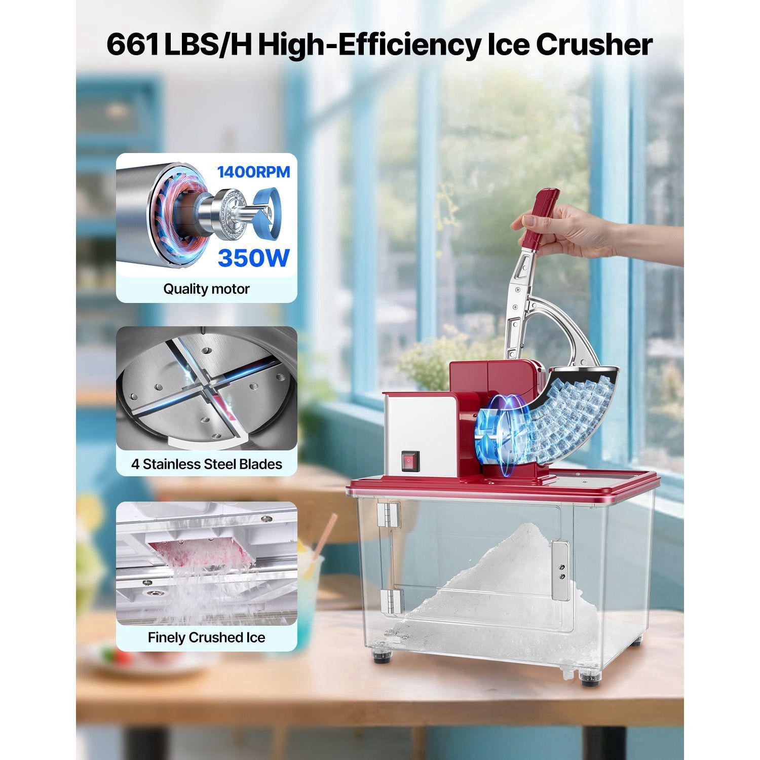 Commercial Ice Crusher 661 lbs per Hour 350W Electric Snow Cone Machine 4 Blades 2000 RPM Stainless Steel Ice Shaver with 11 Gallon Crushing Refrigerator for Home Restaurant Bar Red