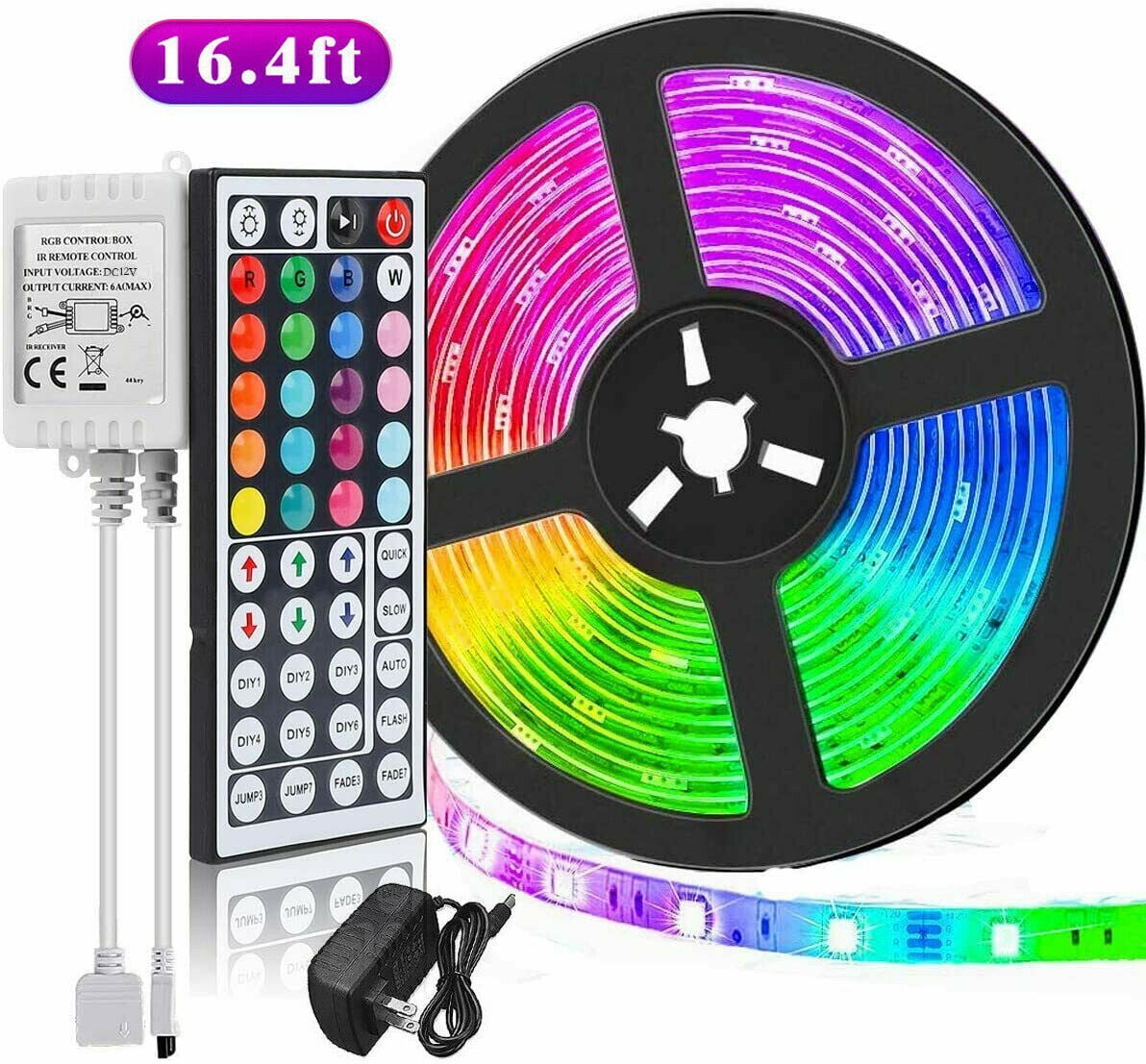 16.4ft RGB W White 5050 300 Waterproof LED Strip Light Remote Controller+Power 