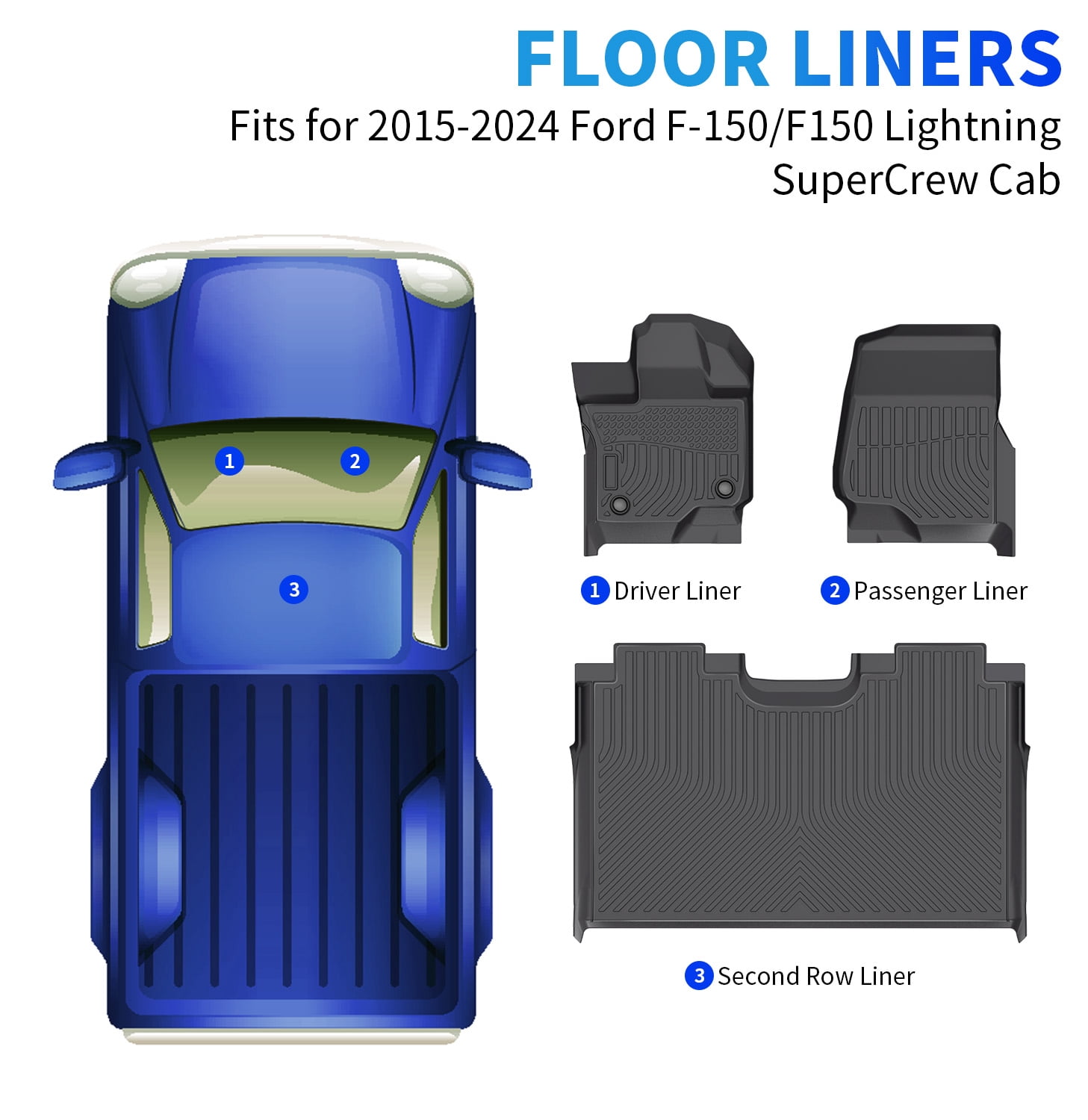 Floor Mats Fit for Ford F150/F-150 2015-2024(Rear w/o U-Seat Flat Storage) Custom Fit All Weather TPE Protection Floor Mats Set Customized 1st & 2nd Row Car Floor Mat Set,Heavy Duty Accessories,Black