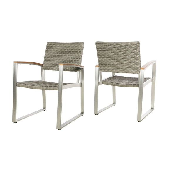 Augusta Outdoor Aluminum Dining Chairs, Set of 2, Silver, Natural, and Gray Wicker