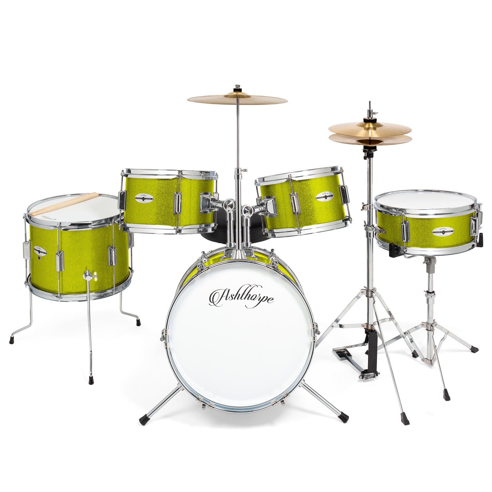 Adjustable Throne Ashthorpe 5-Piece Complete Kids Junior Drum Set with Genuine Brass Cymbals Childrens Professional Kit with 16 Bass Drum Pedals /& Drumsticks Cymbals Hi-Hats Green