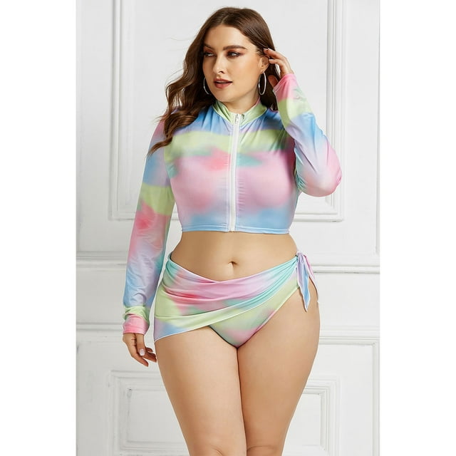 Womens Long Sleeve Zipper Front high Waist Thong Bikini Set 3 Piece Swimsuit