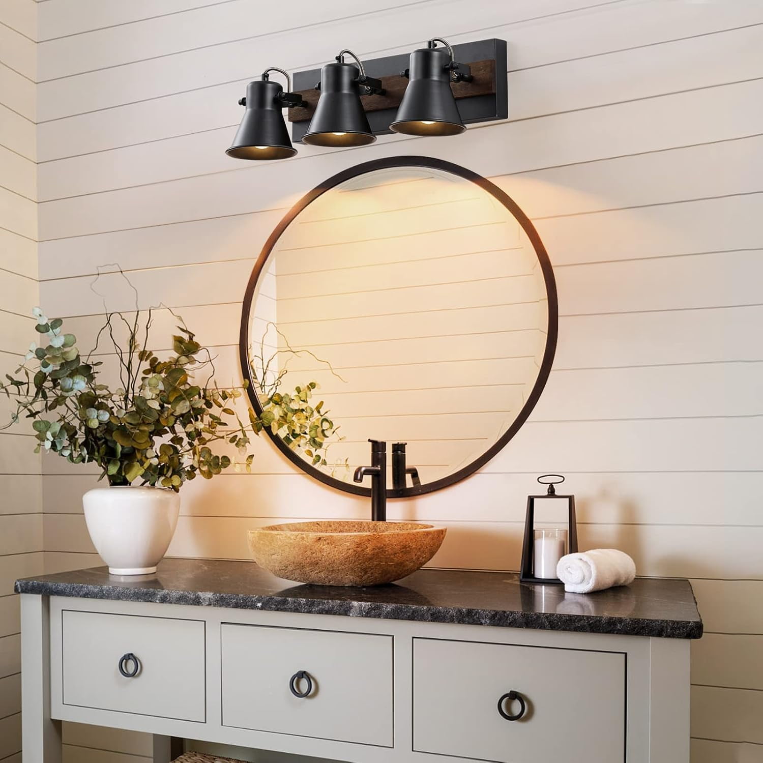 KEESFU 3-Light Industrial Track Lighting Fixture, Black Round Head Ceiling Spot Light with Wood Accent, Adjustable Wall Light for Kitchen Living Room