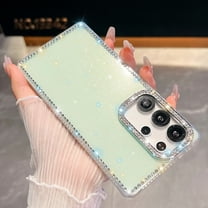 for Samsung Galaxy A26 5G Case for Women, Glitter Back & Diamond Frame, Slim TPU Shockproof Cover Stylish Sparkly for Girls, Luxury Shockproof Drop Protection Anti-Scratch Phone Case, Light Green