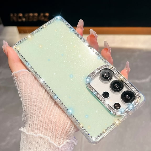 for Samsung Galaxy A56 5G Case for Women, Glitter Back & Diamond Frame, Slim TPU Shockproof Cover Stylish Sparkly for Girls, Luxury Shockproof Drop Protection Anti-Scratch Phone Case, Light Green