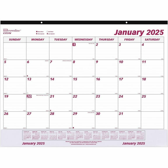 12-Month (Jan to Dec): 2026 22 in. x 17 in. Monthly Desk Pad Calendar - White/Burgundy Sheets, Black Binding, Clear Corners