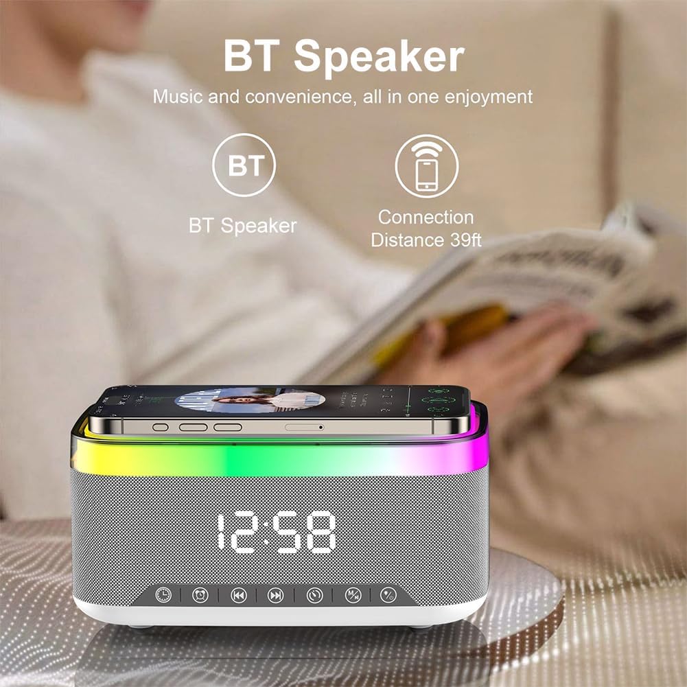 Digital Alarm Clock with Wireless Charging, Bedside with Fast Wireless Charging 15W, Timer Alarm Clock for Heavy Sleepers, RGB Night Light, Bluetooth Speaker Suitable for Indoor & Outdoor, Grey