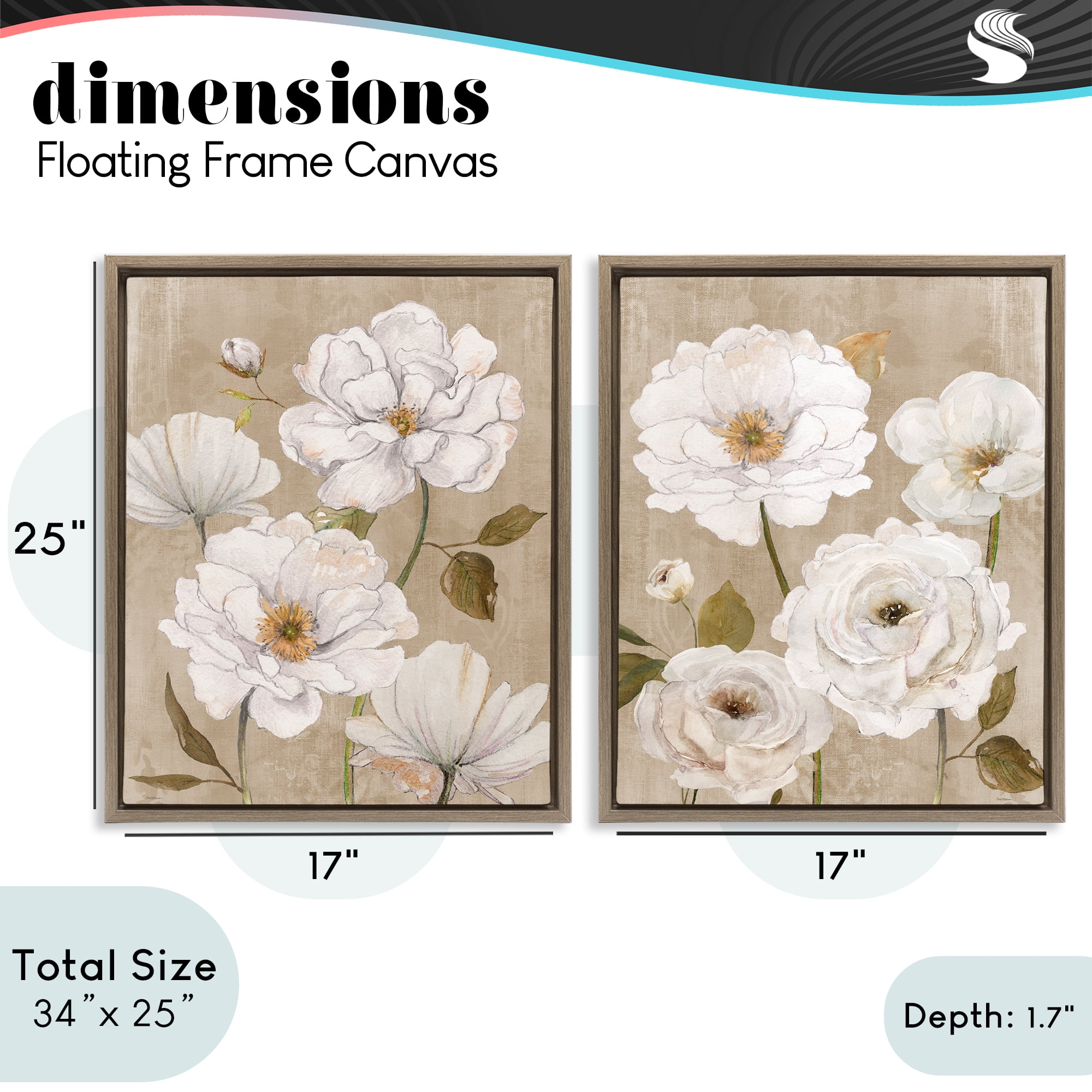 Stupell Industries White Blooms over Neutral 2 Piece Brown Framed Floater Canvas Set, design by Carol Robinson