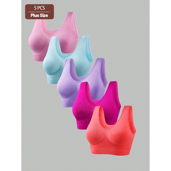 5pcs/Set Solid Color Seamless Plus Size Sports Bras, 5 Colors, All Day Comfort