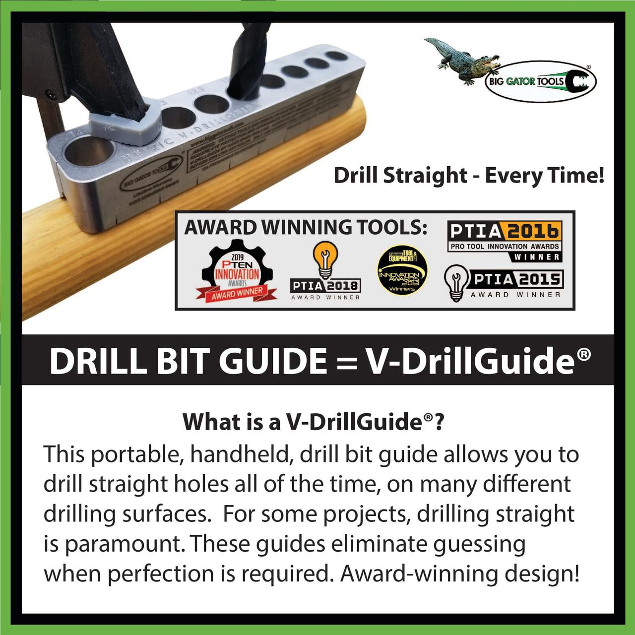 V-DrillGuide, Drill Bit Guide Tool, Standard Sizes 1/8" To 3/8", 17 holes,