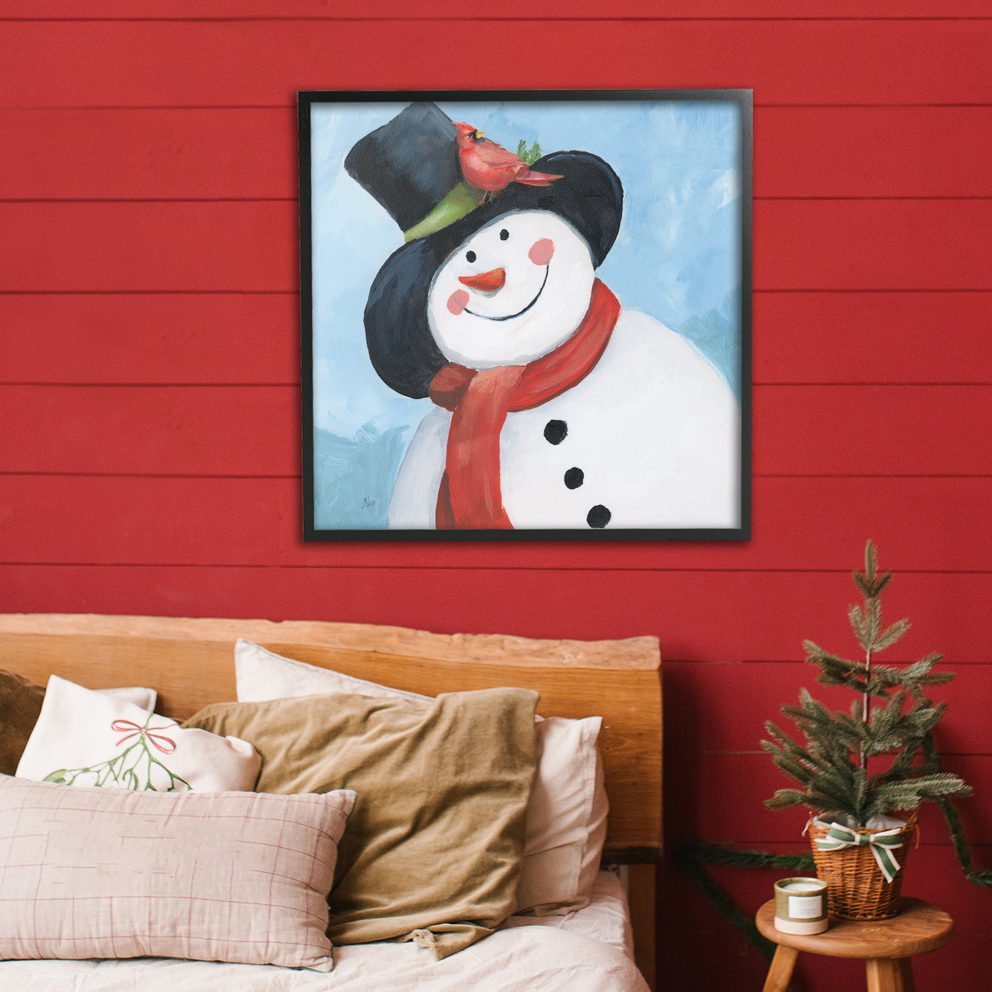 Stupell Industries Cheerful Snowman with Cardinal Black Framed Giclee Art, design by Nan