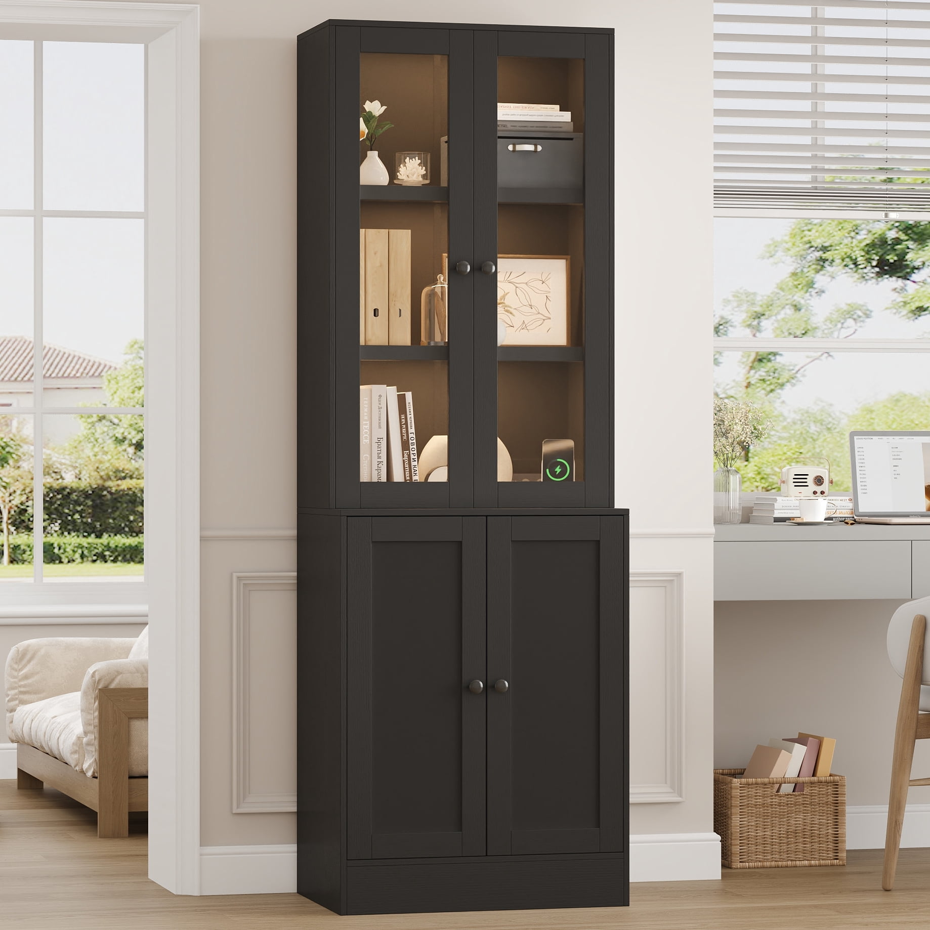 2Pcs 71" Bookshelf with Storage, Modern Bookshelves with 3 Large Drawer, Display Bookcase with Glass Doors, Modern DIY Mix Cabinet for Home Office, Dining Room (Black, BA)