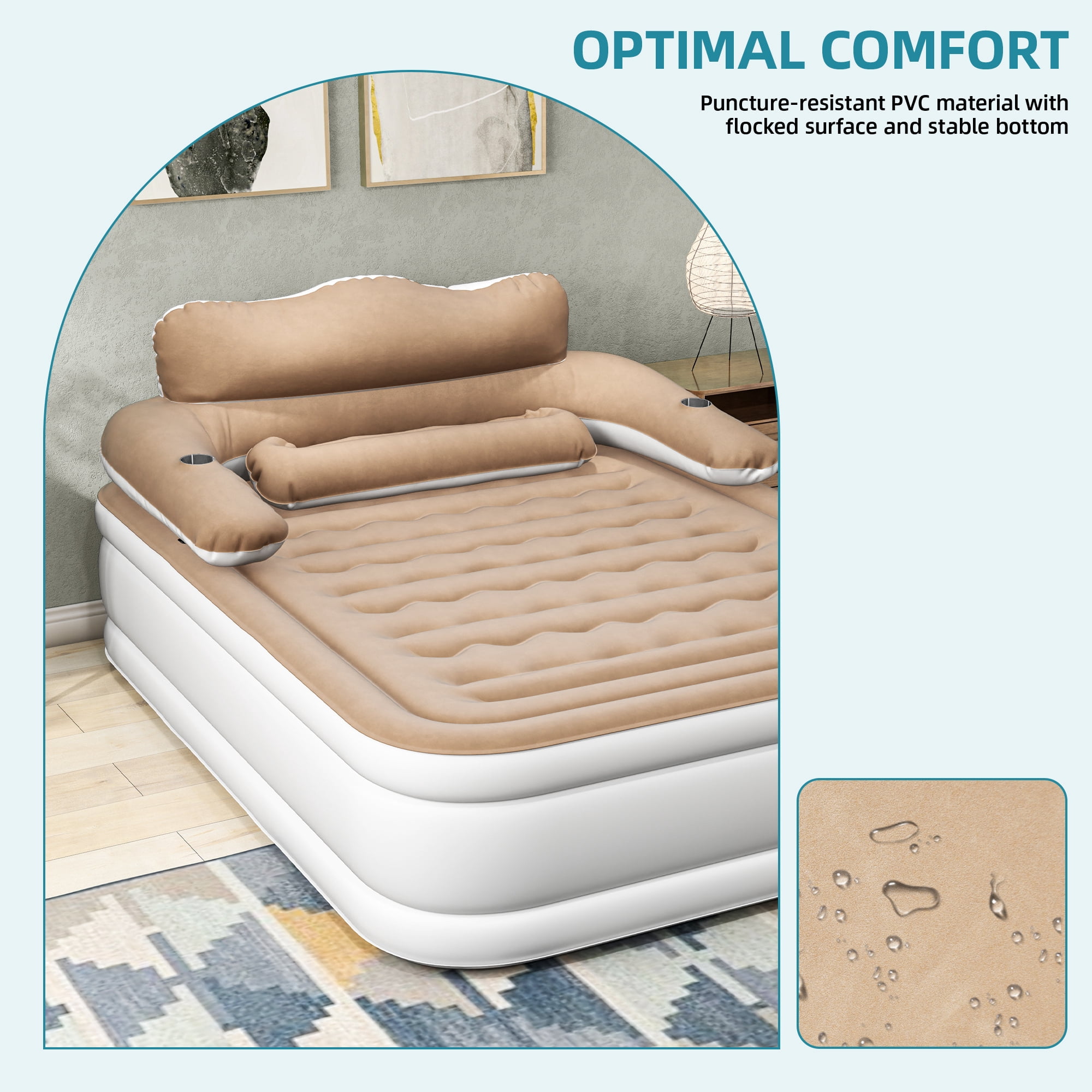 Uforic Inflatable Queen Air Bed, 18" Thick Mattress with Headboard, Built-in Pillow and Electric Air Pump, Brown, Indoor Outdoor Use
