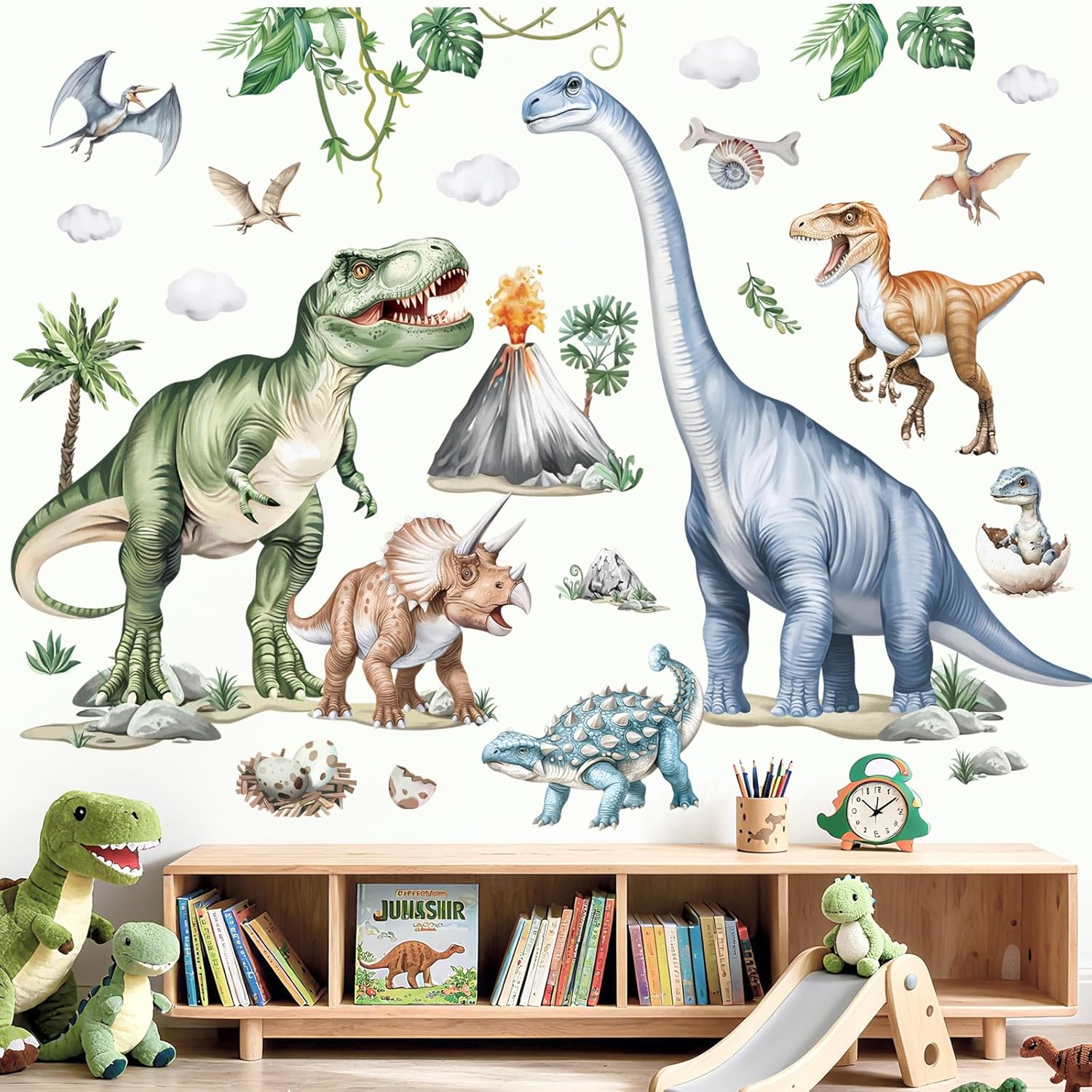 Large Dinosaur Wall Stickers Watercolor Tropical Animals Dino Plants Volcano Wall Art Decals for Boys Room Baby Nursery Kids Bedroom