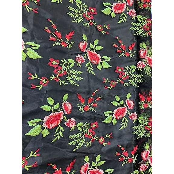 Valentina Textile Inc Lightweight mesh lace Fabric Features Embroidered on mesh with red Flowers and Green Leafs VT-13 (1 Yard, Multicolor)