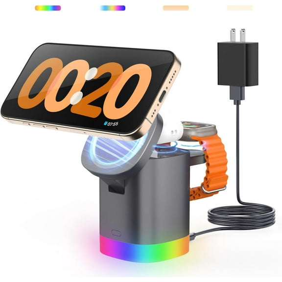 3-in-1 Charger Stand for Mag-safe: Foldable Wireless Charging Station with Night Lights - Magnetic Charger Dock for iPhone 16/15/14/13/12 Pro/Max/Plus, AirPods, Apple Watch 2-9 (Light Grey)