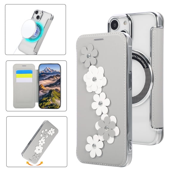 Eombossed Floral Flip Case for iPhone 14 Plus, Case Wallet PU Leather with Card Holder RFID Blocking Compatible with MagSafe Protection Clear Back Shockproof Cover for iPhone 14 Plus, White