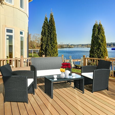 Costway 4 Pc Rattan Patio Furniture Set Garden Lawn Sofa Rattan Wicker with White Cushions