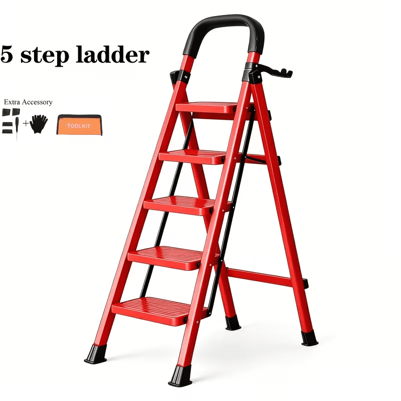 5 Step Folding Step Ladder with Handrail, Anti-Slip Wide Pedal Safety Buckle Household Portable Steel Step