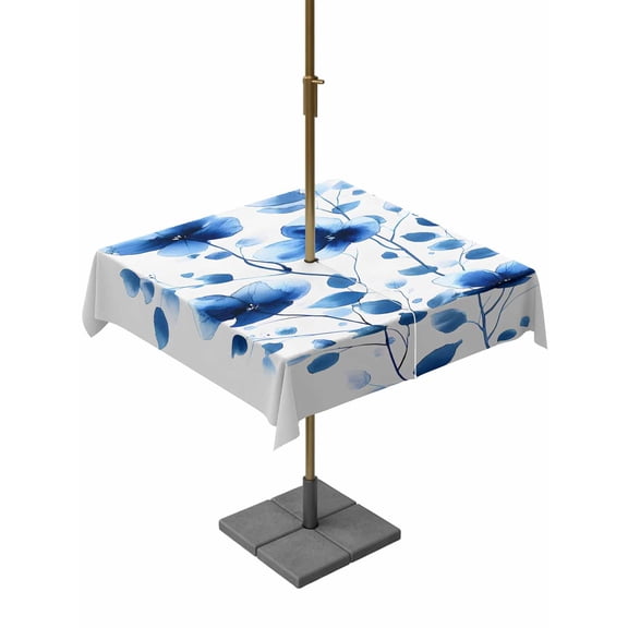Square Outdoor Tablecloth with Umbrella Hole Seasonal Botanical Blooms Outside Table Cloth Waterproof Patio Table Cover Blue Floral Watercolor Zipper Tablecloths for Picnic Party Camping 60x60 Inch